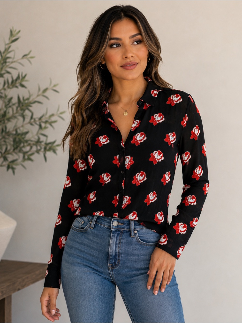 GANNI Harley Crepe Black Red Floral Button Front Blouse Size 36 (US 4)